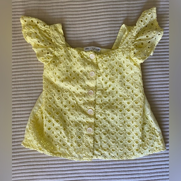 Zara Girls SZ 9 Cotton Eyelet Embroidered Button Down Yellow Top Shirt Flutter - Picture 1 of 6